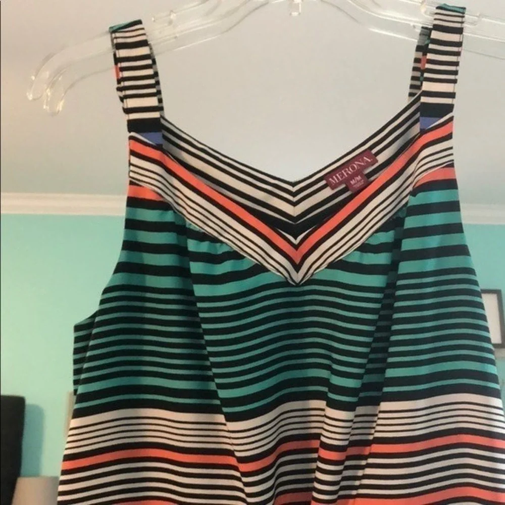 Merona Womens Striped Sleeveless V-Neck Dress Cinched Waist‎ High-Low Hem Medium